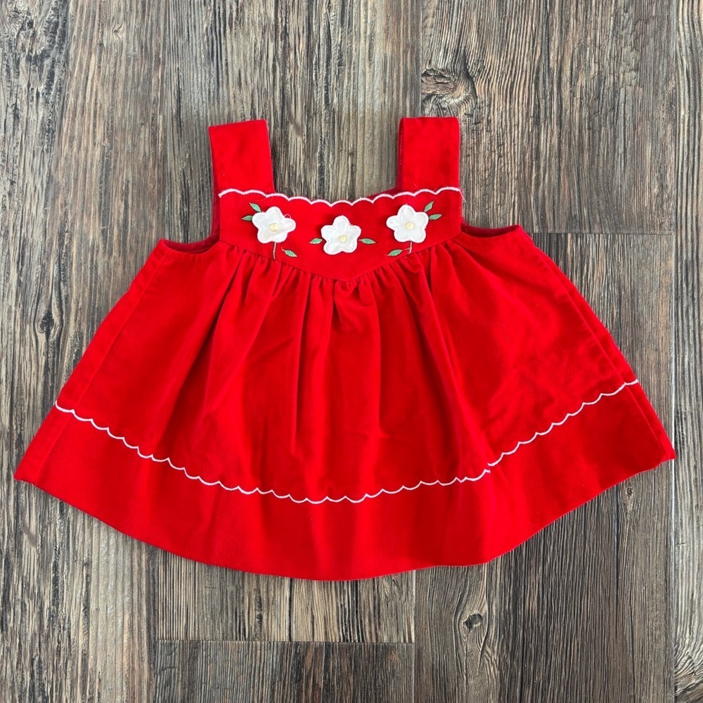Vtg Red Velvet Pinafore Dress Jumper Baby 6-9 Mos White Scalloped Stitch Flowers